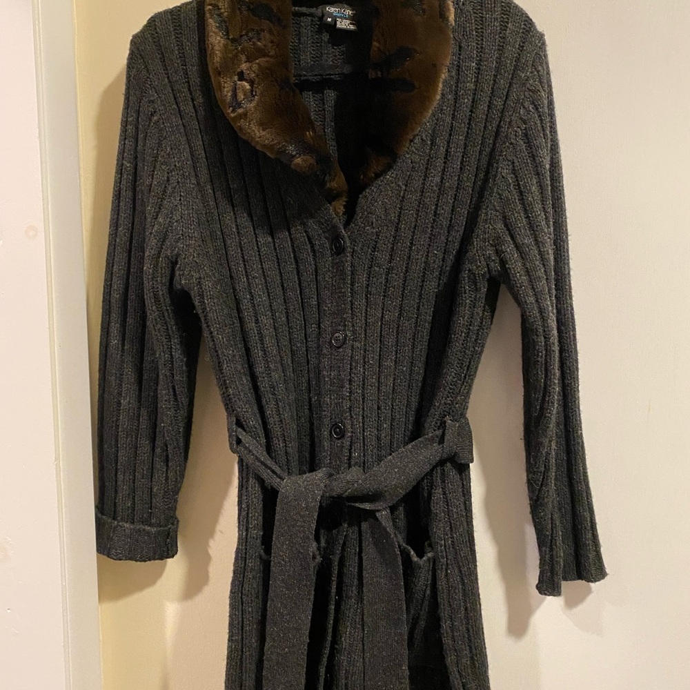 Karen Kane Charcoal Cardigan with Brown Faux Fur Collar